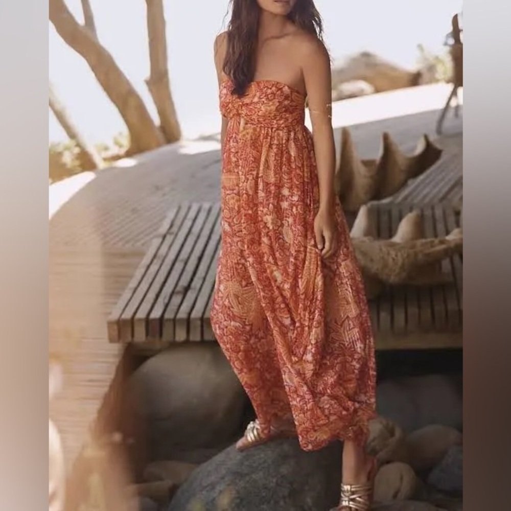 Women’s NWT orange and red motif ANTHROPOLOGIE strapless jumpsuit / size XL